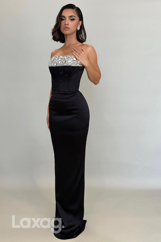 21919 - Sheath/Column Beads Black Long Formal Prom Dress