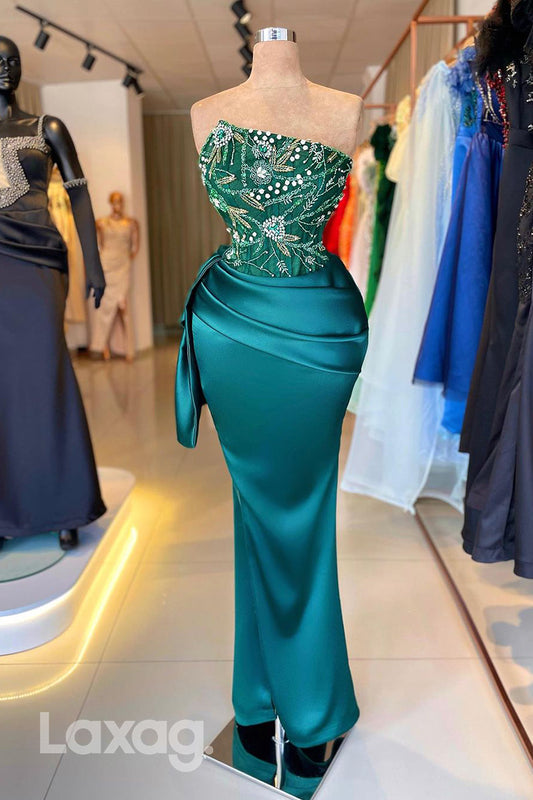 21799 - Strapless Beads Ruched Mermaid Long Formal Prom Dress with Slit