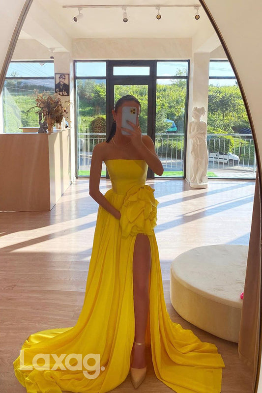 21908 - A Line Strapless Yellow Elegant Long Formal Prom Dress with Slit