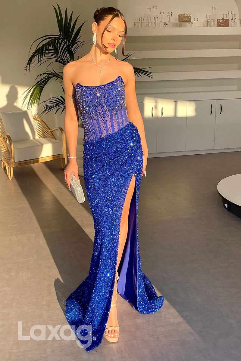 15785 - Mermaid Strapless Ruched Lace Long Semi Formal Prom Dress with Slit