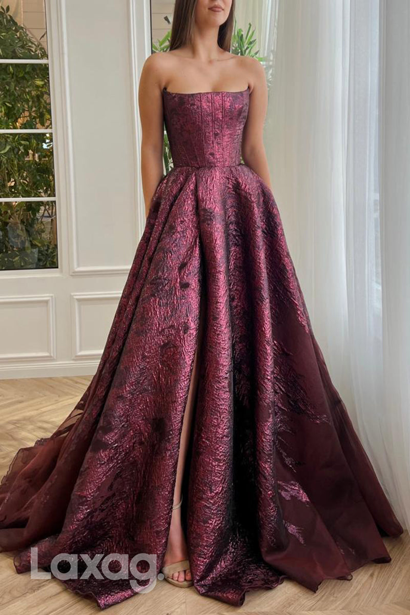 16709 -  A Line Strapless High Split Burgundy Formal Prom Dress with Pockets