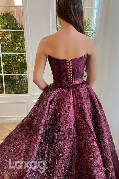 16709 -  A Line Strapless High Split Burgundy Formal Prom Dress with Pockets