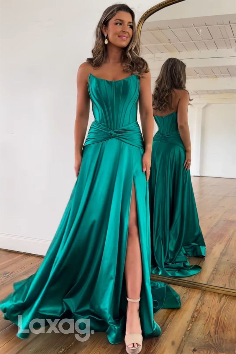 21946 - Strapless Ruched High Split Long Semi Formal Prom Dress