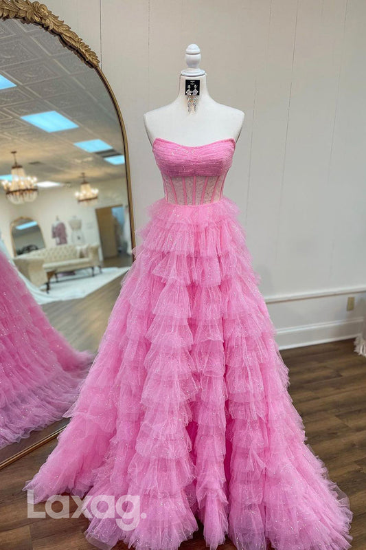 21976 - A Line Strapless Tulle Ruffles Pink Long Prom Party Dress