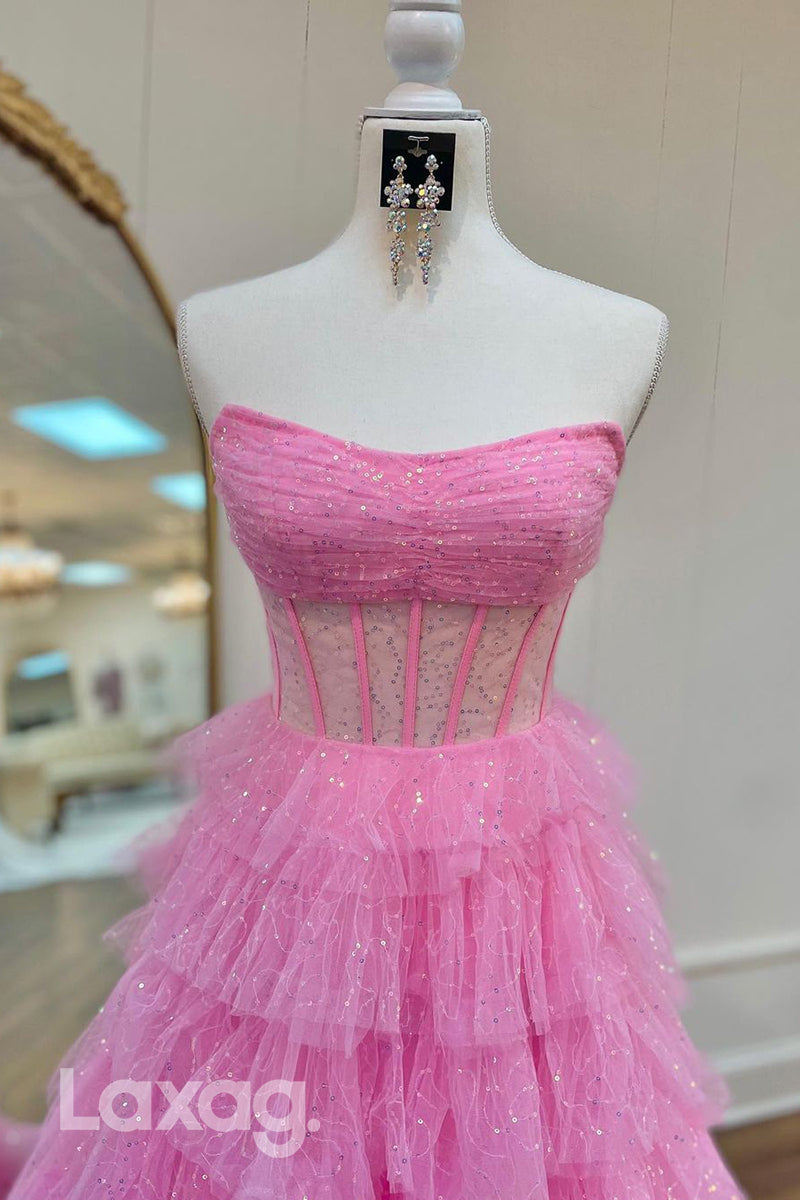 21976 - A Line Strapless Tulle Ruffles Pink Long Prom Party Dress