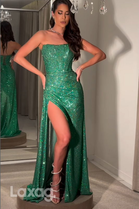21942 - Strapless Ruched Fully Sequins Sparkly Formal Prom Dress with Slit