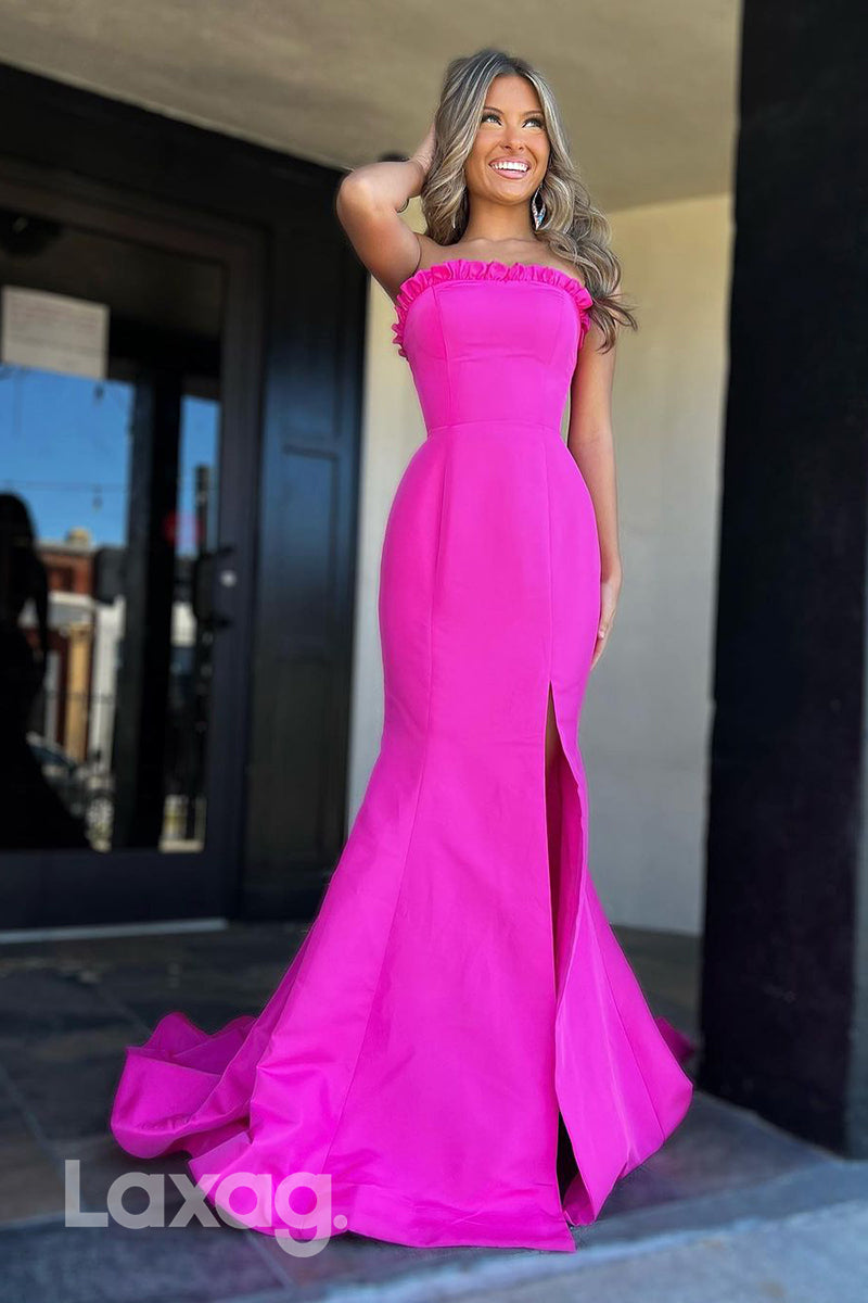 18767 - Sheath/Column Strapless Pink Long Formal Prom Dress with Slit
