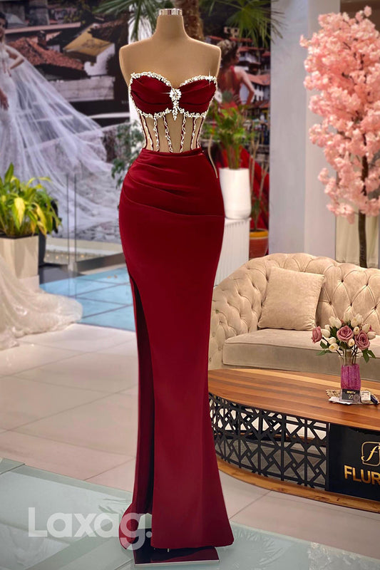 21818 - Sweetheart Beads Satin Ruched Mermaid Long Formal Prom Party Dress with Slit