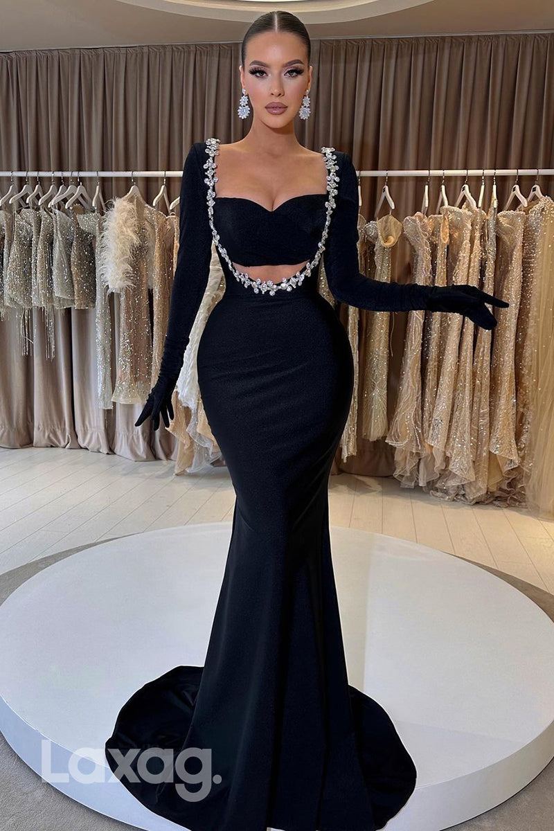22038 - Unique Sweetheart Beads Long Sleeves Black Mermaid Formal Prom Dress