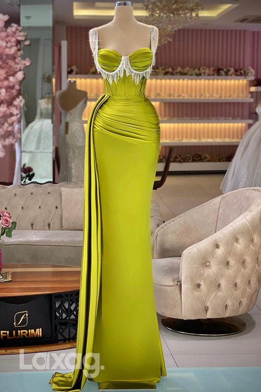 21860 - Sweetheart Beads Ruched Mermaid Long Formal Prom Party Dress with Slit