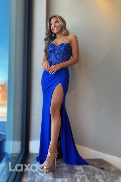 22062 - Sweetheart Beads Ruched Mermaid Long Formal Prom Dress with Slit