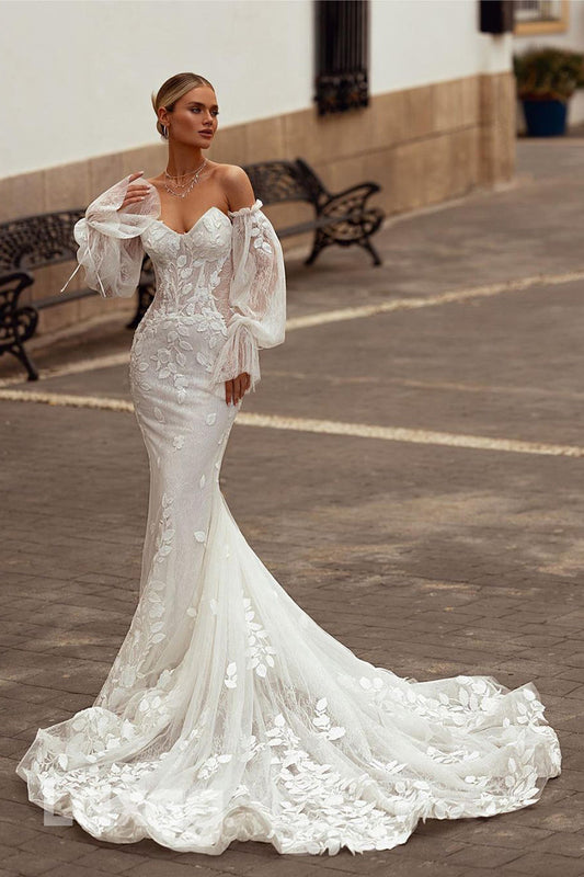 15707 - Sweetheart Detachable Long Sleeves Lace Mermaid Wedding Dress