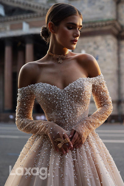15709 - A Line Off Shoulder Pearls Long Sleeves Vintage Wedding Dress