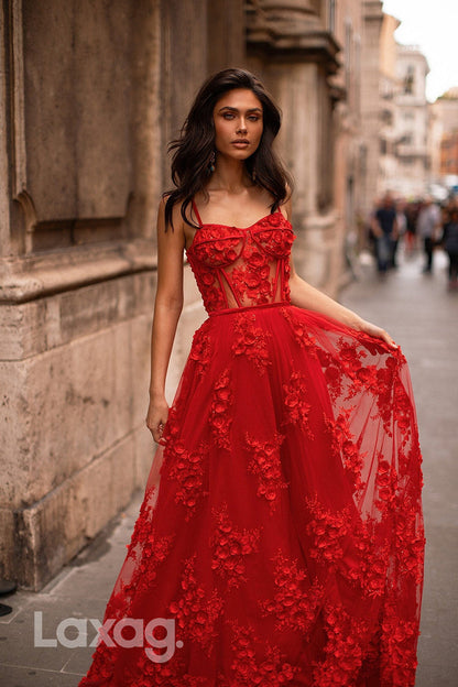 22079 - Spaghetti Straps 3D Lace Red Long A line Prom Dress