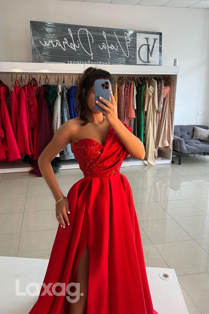 12741 - A Line One Shoulder Beads Satin Ruched Long Semi Prom Dress with Slit