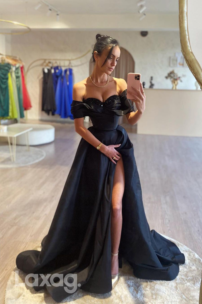 16787 - A Line Sweetheart Short Sleeves Ruched Long Formal Prom Dress with Slit