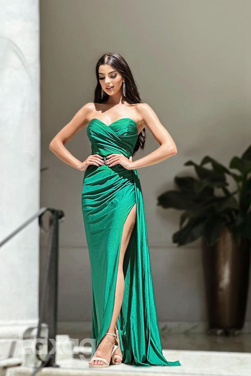 21902 - Sweetheart Ruched Green Mermaid Long Prom Formal Dress with Slit