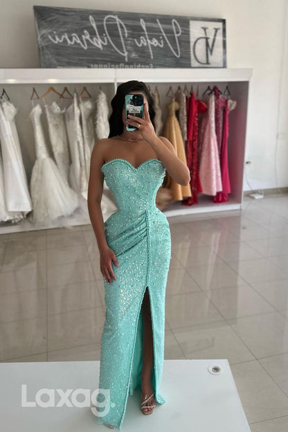 14761 - Sweetheart Bead Lace Sheath/Column Long Formal Prom Dress with Slit