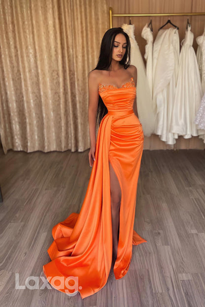 18787 - Sexy V neck Ruched Orange Mermaid Semi Formal Prom Dress with Slit