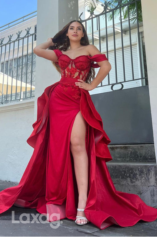 14786 - Off the Shoulder Ruched Detachable Skirt Long Red Semi Formal Prom Dress with Slit