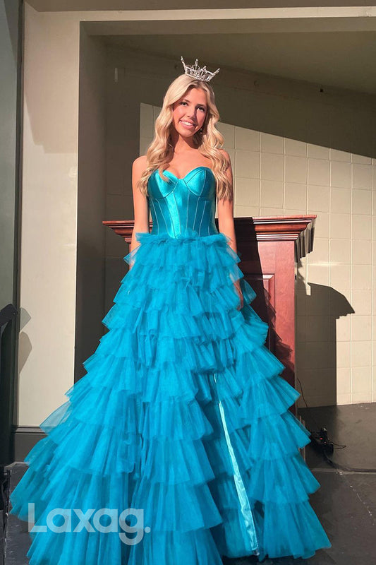 21966 - A Line Sweetheart Tulle Tiered Blue Long Formal Prom Dress