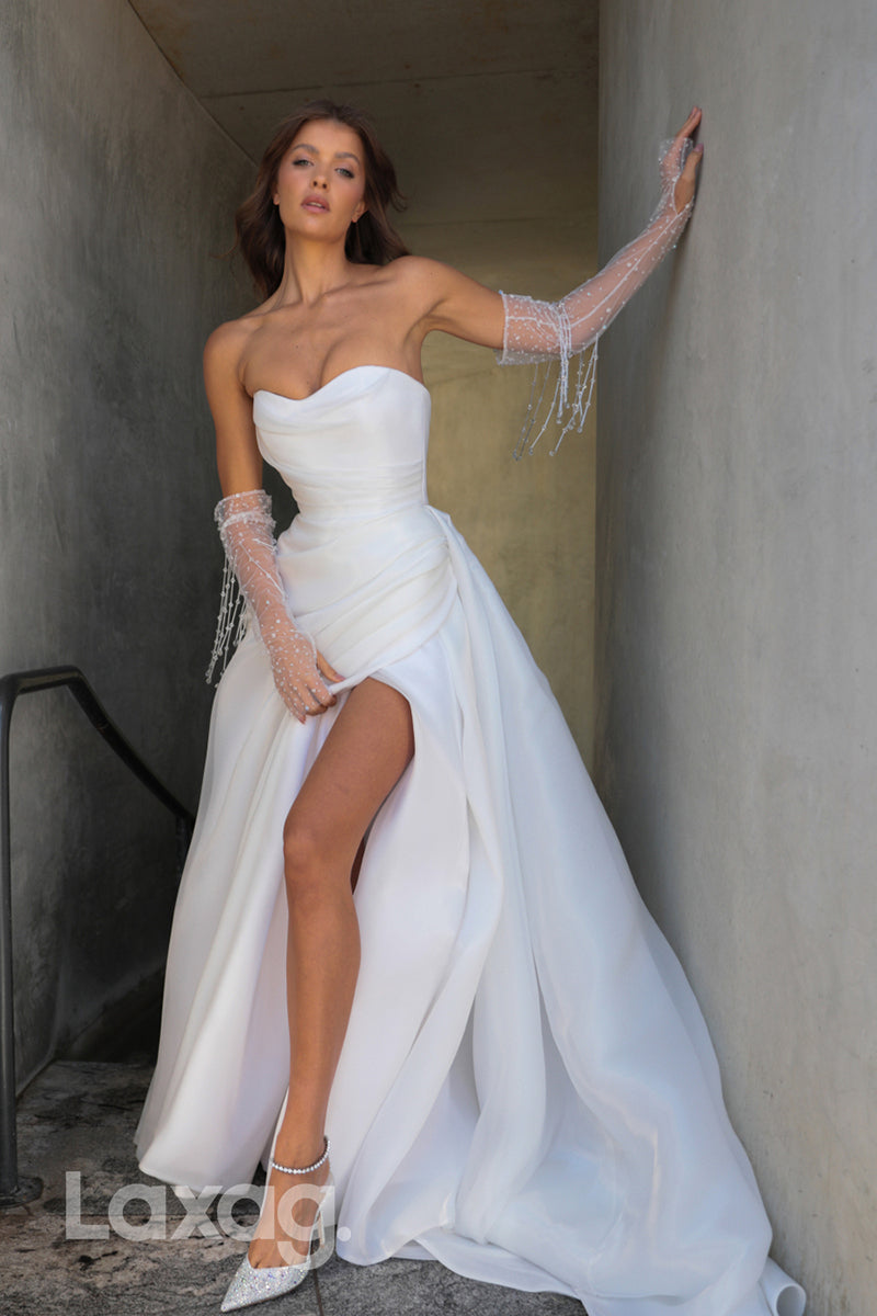 15695 - A Line Strapless Satin Ruched Elegant Wedding Dress with Slit