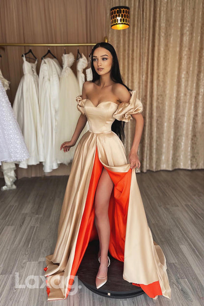 19740 - A line Sweetheart Ruched Long Formal Prom Dress with Slit