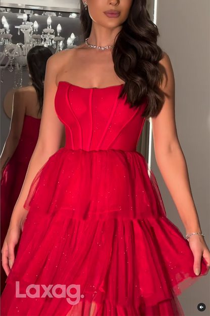 21938 - A Line Strapless Tiered Red Long Prom Formal Dress with Slit