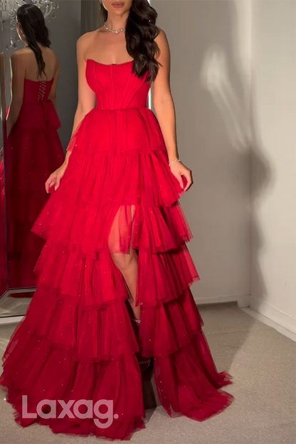 21938 - A Line Strapless Tiered Red Long Prom Formal Dress with Slit