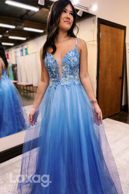 19759 - A Line Plunging V neck Appliques Long Prom Party Dress