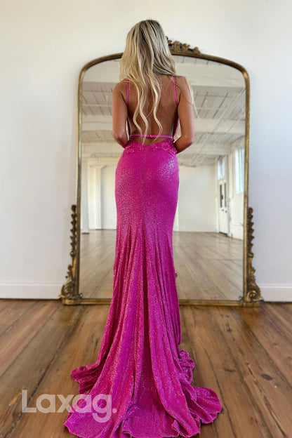 21922 - Plunging V neck 3D Lace Fully Sequins Sparkly Long Prom Party Dress with Slit