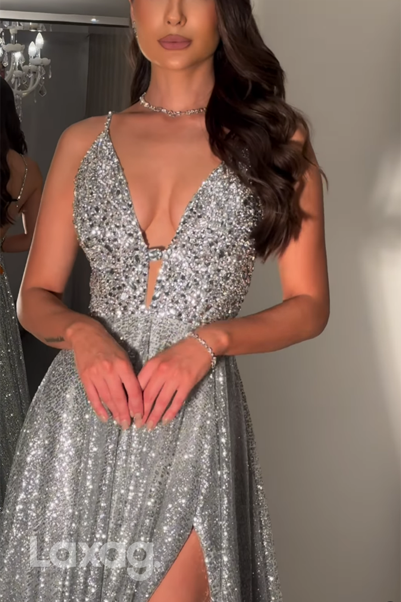 21940 - A Line V neck Beads Sparkly Formal Prom Dress with Slit