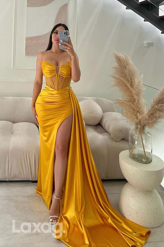 21972 - Plunging V neck Ruched Mermaid Long Prom Party Dress with Slit