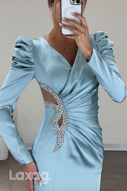 22048 - Sexy V neck Beads Ruched Long Sleeves Formal Evening Dress with Slit