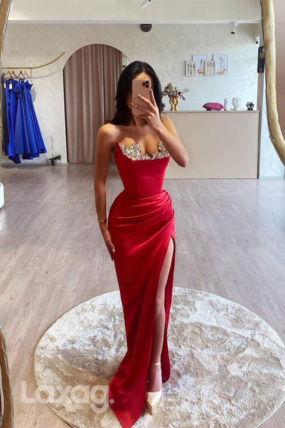 22085 - Sexy Strapless Beads Satin Ruched Long Formal Prom Dress with Slit