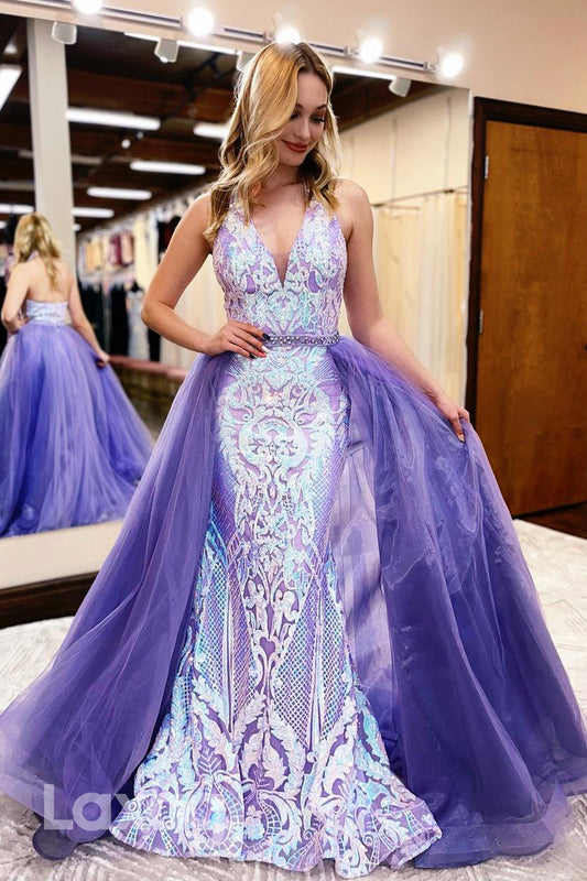 21949 - Sexy V neck Fully Sequins Appliques Detachable Skirt Mermaid Formal Prom Dress
