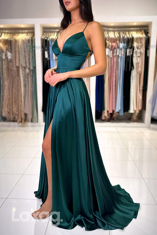 21978 - A Line V neck Side Slit Simple Elegant Prom Formal Dress with Pockets