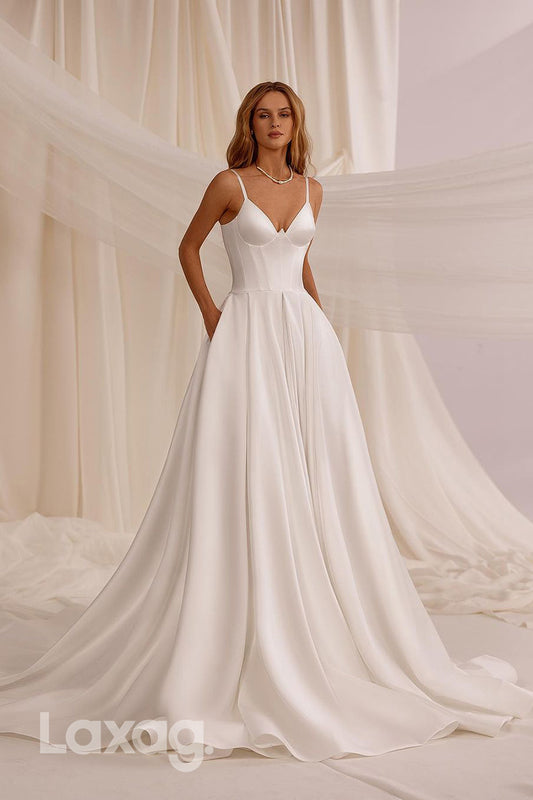 15691 - A Line V neck Elegant Satin Wedding Dress with Pockets
