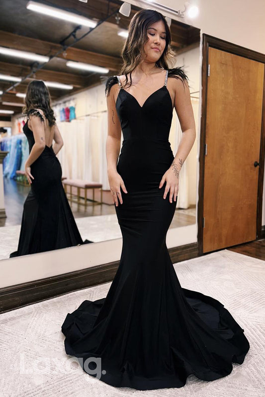 21930 - Sexy V neck Feathers Black Mermaid Long Formal Prom Dress