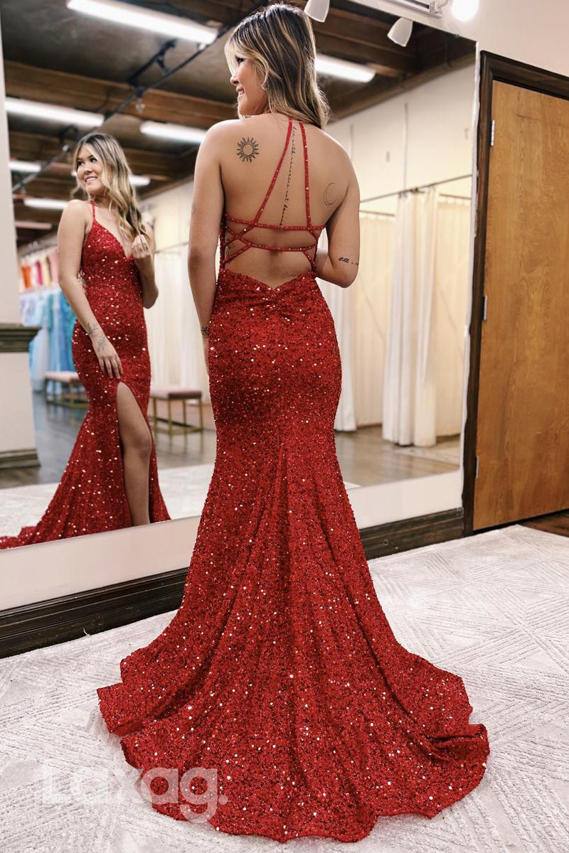 21931 - Sexy V neck Fully Sequins Sparkly Mermaid Prom Formal Dress with Slit