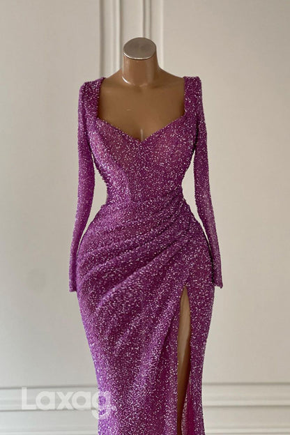21994 - Sexy V neck Fully Sequins Long Sleeves Mermaid Formal Prom Dress