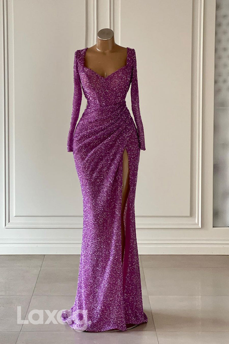 21994 - Sexy V neck Fully Sequins Long Sleeves Mermaid Formal Prom Dress