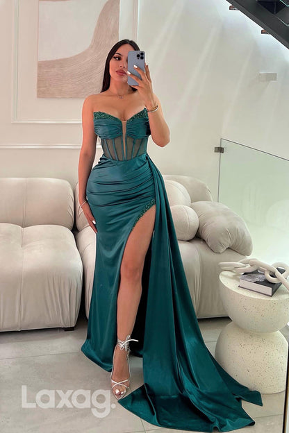 12722 - Sexy Deep V neck Beads Ruched Mermaid Prom Formal Dress with Slit