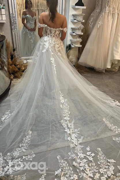 15741 - A Line Illusion V Neck Lace Appliques Wedding Dress
