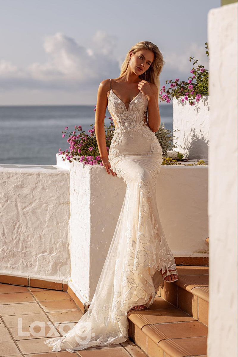 15708 - Plunging V neck Lace Appliques Mermaid Wedding Dress