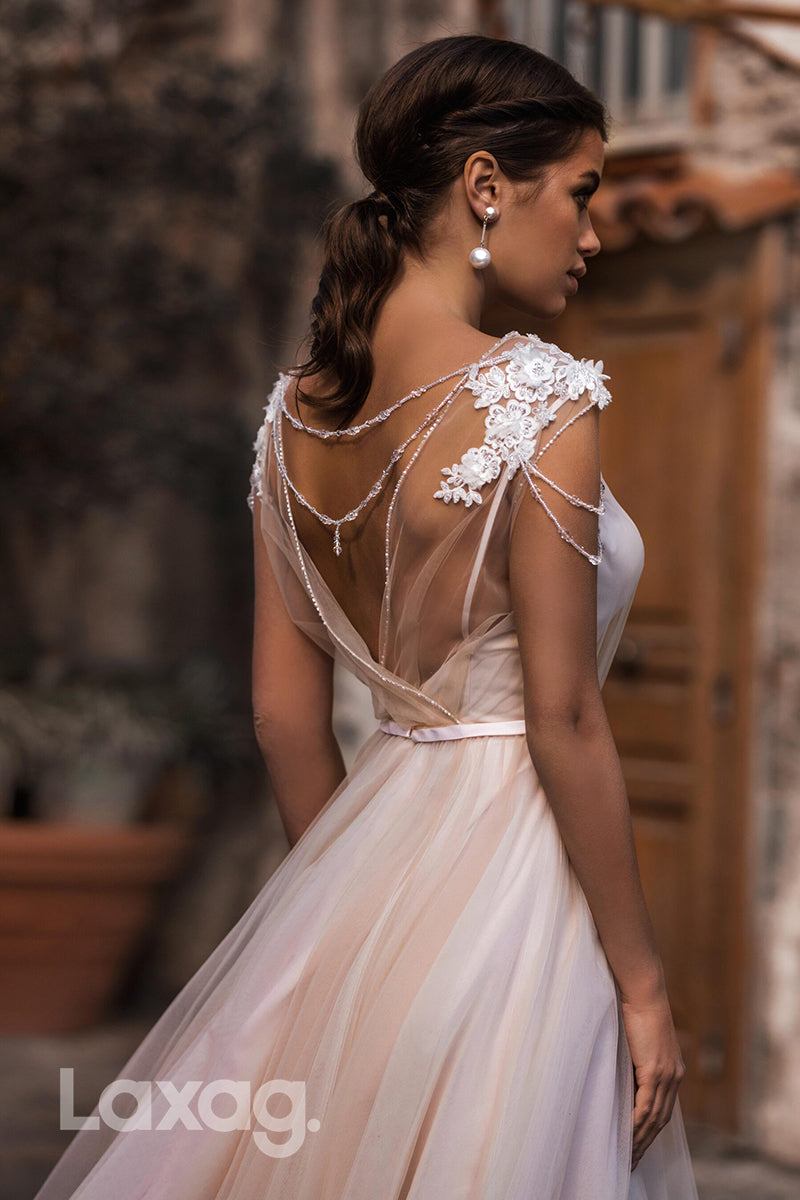 15736 - A line V neck Lace Appliques Rustic Wedding Dress