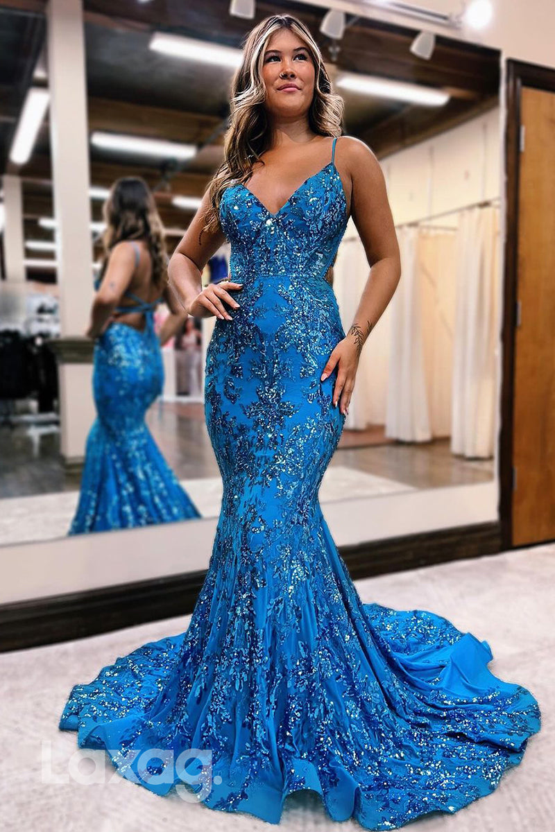 16786 - Spaghetti Straps V neck Lace Mermaid Prom Party Dress