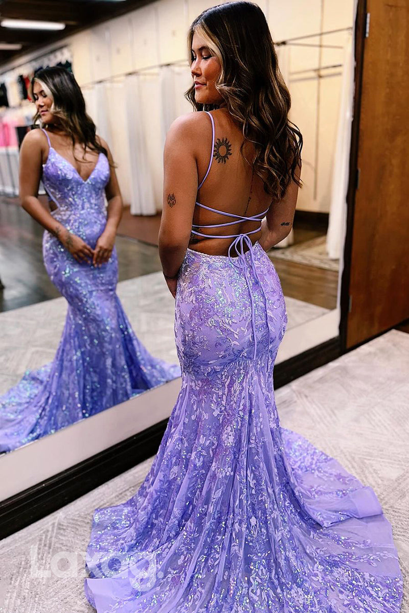 16786 - Spaghetti Straps V neck Lace Mermaid Prom Party Dress