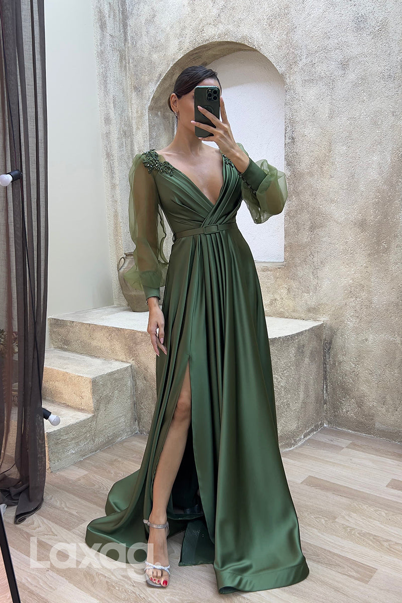 22074 - A Line Sexy V neck Ruched Long Sleeves Formal Evening Dress with Slit
