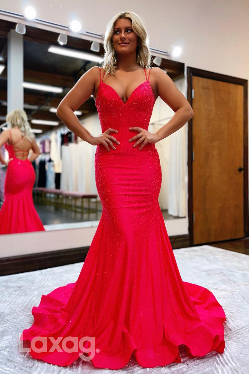 21934 - Spaghetti Straps V neck Red Mermaid Formal Prom Dress